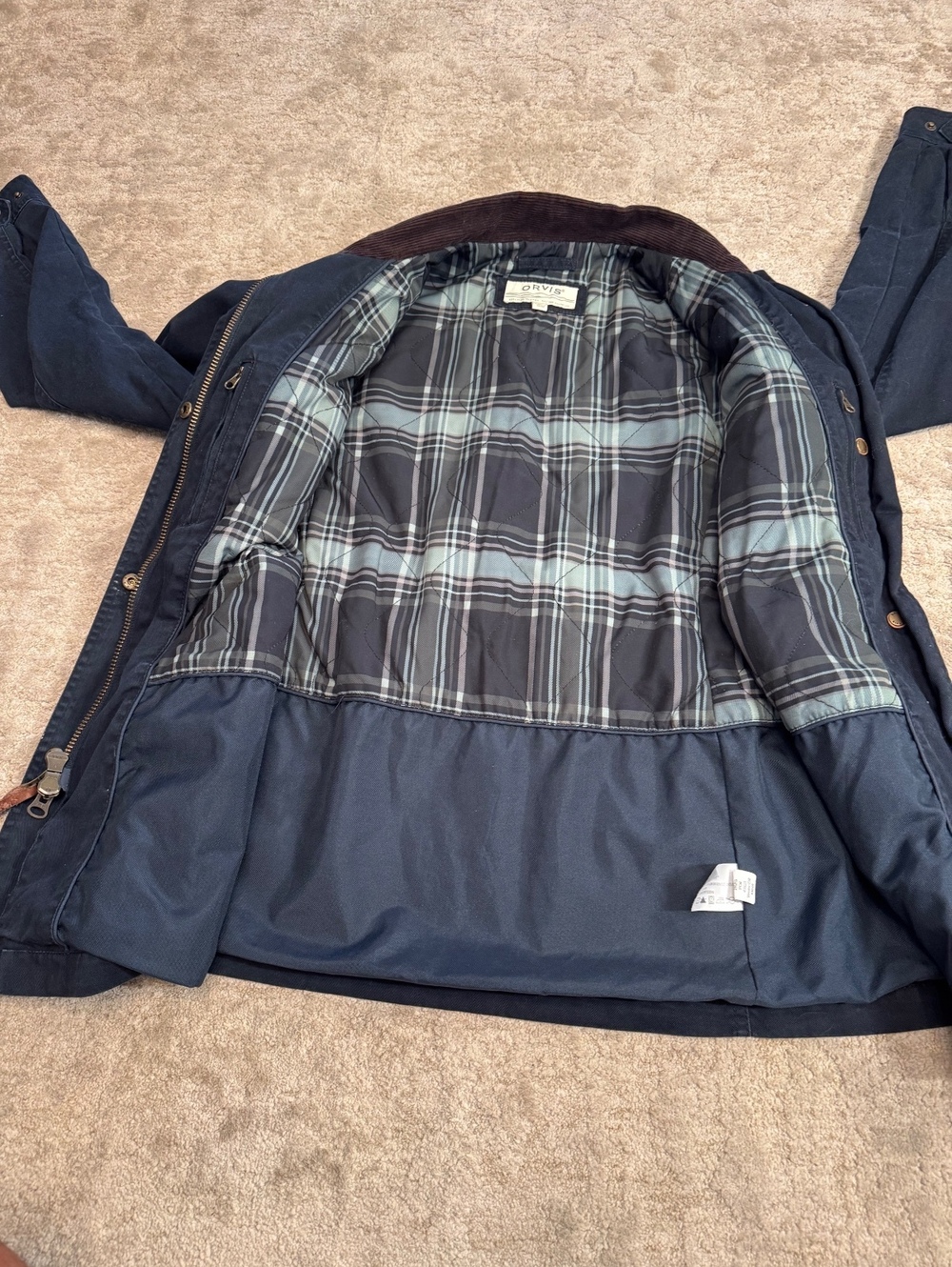 Orvis Womens M Barn Field Jacket Navy Corduroy Collar Plaid Lined Chore Coat - Picture 6 of 6